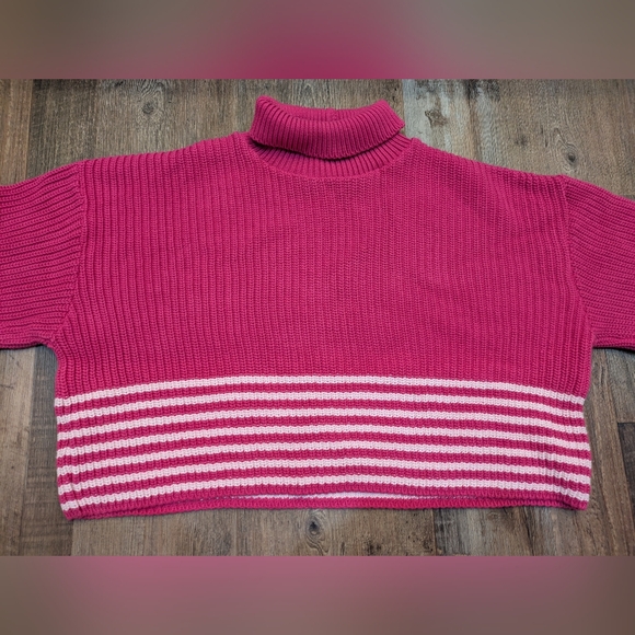 For Days Sweaters - For Days Re-New Organic Cotton Knit Pink Striped Cropped Turtleneck Sweater M